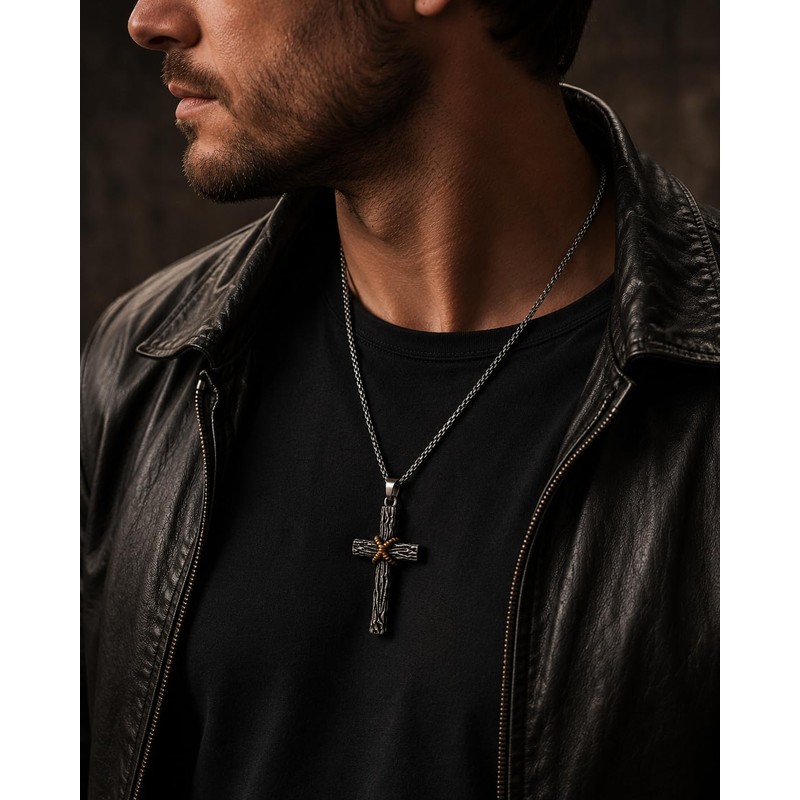 Rustic Cross Pendant Necklace, Stainless Steel Christian Faith Jewelry for