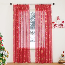 Pony Dance Living Room Curtains with Gold Pattern Red Curtains with Ruffle Tape, Set of 2, H 260 x W 140 cm, Extra Long Curtains and Curtains, Transparent Christmas Curtains for Living Room