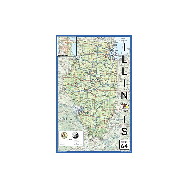 Illinois Physical State Map - 15.1 x 23.3 Inches -