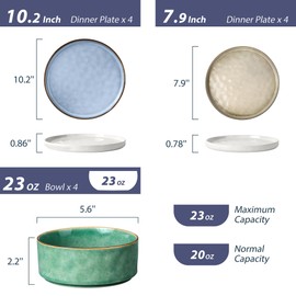 LIANYU 12 Piece Dinnerware Sets, Stoneware Tableware Dish Set for 4, Plates and Bowls Dishware for Dinner Dessert Pasta, Chip & Scratch Resistant, Multi-color