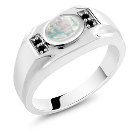 Gem Stone King Men's 925 Sterling Silver White Opal and Black Diamond Ring (1.18 Cttw, Gemstone October Birthstone, Oval Cabochon 8X6MM, Available In Size 7, 8, 9, 10, 11, 12, 13)