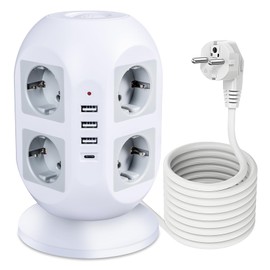 8-Way Multiple Socket with 3 USB + 1 Type C, Power Strip, Multiple Plug with 2 m Socket Cube, Socket Tower Distribution Socket for Home