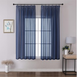 Joydeco Set of 2 H 160 x W 140 cm Royal Blue Voile Short Curtains with Ruffle Tape Transparent Polyester Curtain Modern Living Room Bedroom