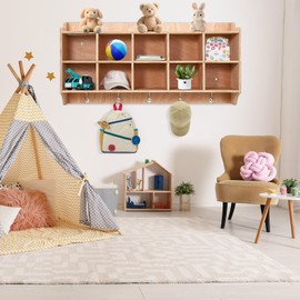 GarveeHome Cubby Storage Organizer Cubes, Daycare Shelves with 10 Cubbies with Hooks and Shelf, Hanging Wall Mount, Furniture for Kids Toys, Classroom, 47-Inch Width