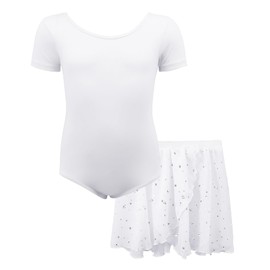MYSSUCI Ballet Clothing Girls Ballet Dress Children Short Sleeve Cotton Ballet Suit Dance Body Dance Dress with Chiffon Skirt Tutu 3-11 Years, White