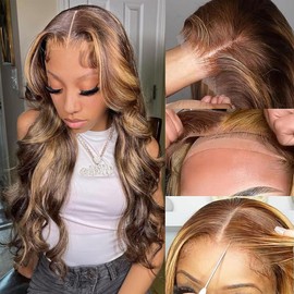 UMEGIRL 24 Inch Wear and Go Glueless Wigs Human Hair Pre Plucked Pre Cut 5x5 HD Lace Closure Wigs Human Hair Body Wave Wig P4/27 Honey Blonde Ombre Highlight Lace Front Wig 180% Density