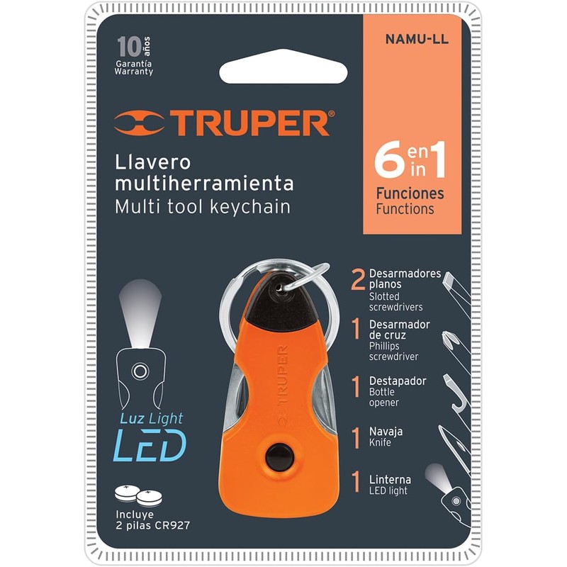 Truper NAMU-LL, Multiherramienta con led, tipo llavero, 6 funciones