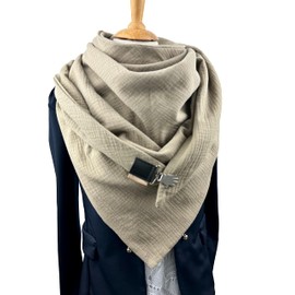 Handmade XXL Triangular Scarf Women - Reversible Muslin Wrap Scarf in Plain Dark Beige - Tuecherfee Scarf with Clip Closure as Scarf, Stole or Shawl Collar