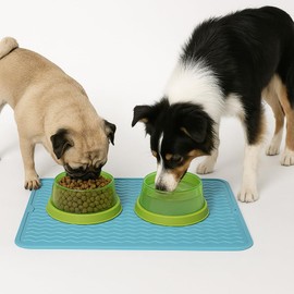 Silicone Pet Feeding Mat for Dogs, Cats, Small Animals, Non-Slip Waterproof Food and Water Mat with Raised Edge, BPA-Free Convenient Hook Storage by Dependable Industries (Sky Blue, 12 x 16 inch)