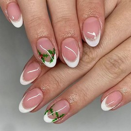 Christmas Press on Nails Short Oval MABKJLF White French Tip Fake Nails Winter False Nails with Designs Mistletoe Nude Natural Nails Glossy Glue on Nails Xmas Acrylic Nails for Women Girls 24 Pcs