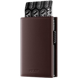 VULKIT Credit Card Holder RFID Blocking Top Grain Cowhide Leather Pop Up Card Wallet with Banknote Compartment, ID Window, Coin Pocket & Magnetic Closure