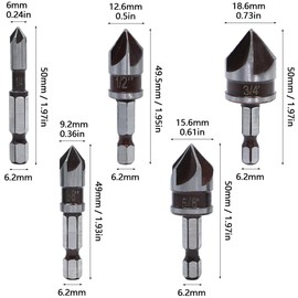 GYSRXS 5 Piece Countersink Drill Bit Set for Metal 82° 5-Flute Countersink Bit Countersink with 1/4 Inch Hex Shank Used for Metals Medium Hardness, Wood, PVC