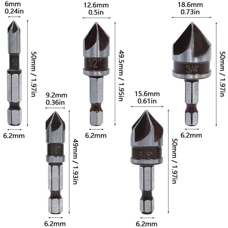 GYSRXS 5 Piece Countersink Drill Bit Set for Metal 82°