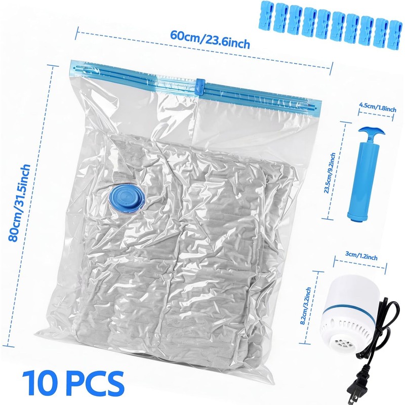 10 Piezas 80x60 cm Bolsas de Almacenamiento de Vacío,Bomba Eléctrica