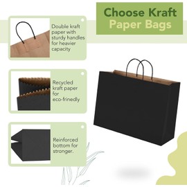 MESHA Gift Paper Bags 200 Pack 16X6X12 Black Large Shopping Kraft Bags Bulk with Handles Reusable for Business,Grocery,Birthday,Wedding,Kids Party,Favors