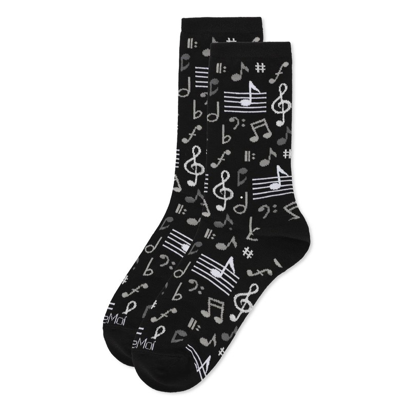MeMoi Musical Notes Rayon Blend Crew Sock Black 9-11
