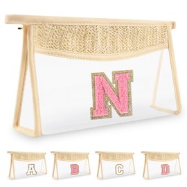 Pequeña bolsa de maquillaje personalizada con inicial A-Z de chenilla, bonita bolsa de maquillaje de letras transparentes con cierre, moderna bolsa de aseo de viaje aprobada por la TSA, regalo ideal