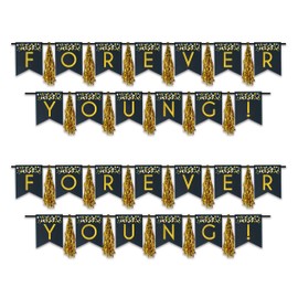 Beistle Forever Young Tassel Streamer, 13" x 9' & 13" x 8', Black/Gold