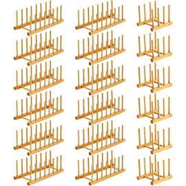 Zopeal 18 Pcs Bamboo Wooden Plate Racks Dish Rack Stand Holder 3/6/ 7 Slots Drainboard Drying Drainer Kitchen Cabinet Organizer for Dish Plate Bowl Cup Pot Lid Book