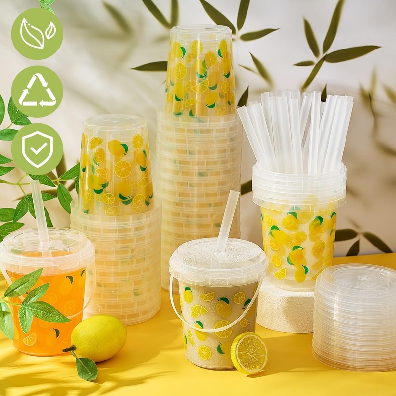 Widecook 30 Set 34oz Lemon Disposable Plastic Cups with Lids