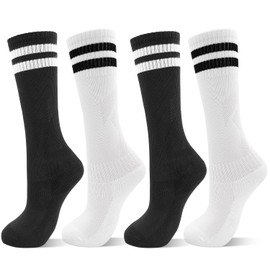 DECOVICI Kids Football Socks for Girls and Boys 4 Pairs, Knee High School Socks for Children, Soft Striped Socks for Junior Age 3-13 Rugby Daily Running Training(3-6 Years,2Black+2White)