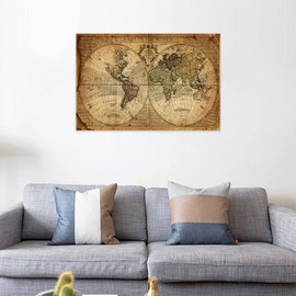 Vintage World Map Canvas Wall Art, Beige Nautical Map Background Pictures Print on Art Canvas for Office Wall Decor, Antique Earth Map Framed Art for School- living Room Wall Decoration 24x18 Inches