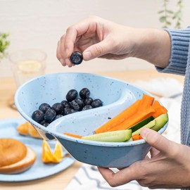 bzyoo Confetti Divided Bowl Set of 2, 100% Melamine BPA-Free Stackable Unbreakable Bowls with Two Compartments, Ideal for Snacks, Chips & Dips, Cereal, Dishwasher-Safe Color: Blue