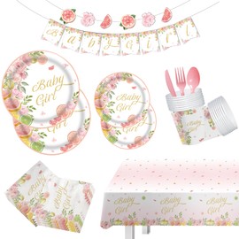 114Pcs Baby Shower Decorations for Girl Floral Baby Shower Plates Cups Napkins Sets Serve 16, Tablecloth Banner Flower Baby Shower Party Supplies for Baby Girl Gender Reveal Birthday Party Decorations