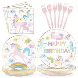96Pcs Unicorn Birthday Party Supplies 350 GSM Pastel Rainbow Unicorn Plates and Napkins Tableware Sets Unicorn Party Themed Decorations for Girls Happy Birthday Unicorn Baby Shower Party Serves 24