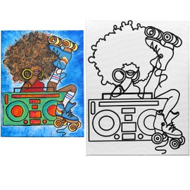 Indigo Art Studio Pre Drawn Canvas Painting for Adults Kids Couples | Streched & Stenciled Canvas Art Activity | Skate Girl Retro | DIY Birthday Gift & Adult Sip and Paint Twist Party Favor | 11x14