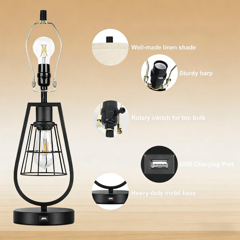 cattino Farmhouse Table Lamps with USB Ports, Industrial Bedside Lamps