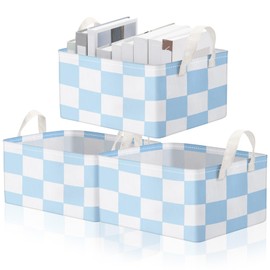 Boao 3 Pcs Checkered Basket Checkered Storage Bin with Handles Gingham Storage Bin Square Tote Laundry Basket Canvas Foldable Box for Home Office Bedroom Bathroom Clothes Cars(Blue)