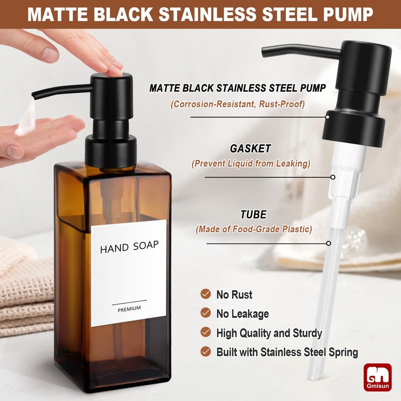 GMISUN Amber Glass Soap Dispenser, 2 Pack Hand Soap Dispenser