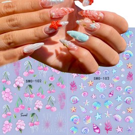 Summer Nail Art Stickers - Cherry Grape Starfish Conchs Design 3D Self Adhesive Nail Stickers Acrylic Pink Colorful Nail Decals Accessories Nail Art Supplies for Women DIY Decorations 2 Sheets