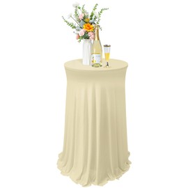 Tegeme 1 Pack 32 x 43 Inch Round Spandex Cocktail Tablecloths with Skirt Cocktail Round Table Cover Spandex Stretch Tablecloth for Fitted High Top Table Bar Wedding Party Banquet (Champagne)