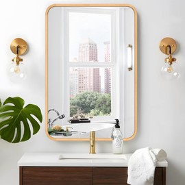FUWU HOME Wood Bathroom Mirror for Wall 26" x 40" Farmhouse Rounded Corner Rectangle Mirror with Wooden Framed for Home Living Room Bedroom Wall Mounted Decorative Mirror (Natural Beech Wood)