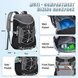 RAINSMORE Hiking Backpack 40L Foldable Lightweight Rucksack for Men with Ventilated Back Panel Water Resistant Travel Backpack Daypack for Walking Camping Trekking Cycling Outdoor Black