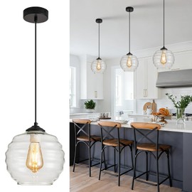 GlowHub Modern Pendant Lights for Kitchen Island, 8.7" Black Pendant Light Fixtures with Clear Water Ripple Glass Shade, Farmhouse Globe Hanging Lights Fixture for Dining Room Bedroom Entryway
