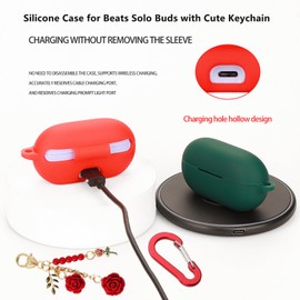 Case for Beats Solo Buds Case Cover with Flower Keychain, Cute Soft Silicone Shockproof Protective Skin Case for Beats Solo Buds Wireless Earbuds with Carabiner for Women Girl (Green)