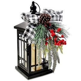 Christmas Decorative Lantern w/LED Flickering Flameless Candle - 14 Inch, Antiqued Vintage Lantern with Xmas Ornament for Outside Indoor Table Holiday Party Decorations
