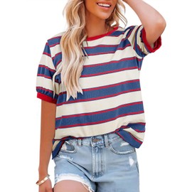 Dokotoo Tops for Women Trendy Summer Casual Short Sleeve T-Shirts Basic Tees Round Neck Striped Color Block Loose Soft Cotton T Shirts Business Work Ladies Top and Blouse Fashion 2025 Red Large
