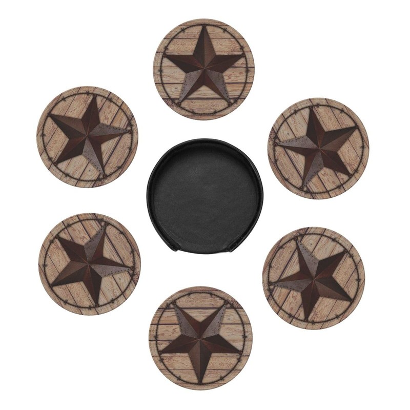6 Pcs Western Metal Texas Brown Star Leather Coasters for