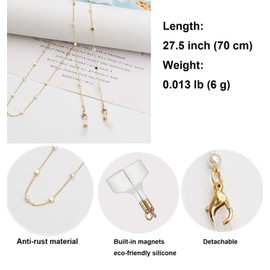 Magnetic Anti-Lost Strap Holder Compatible with Airpods Pro 3 2 1, Leash Gold White Pearl Chain Necklace Gifts for Women Lady Girl Length: 27.5”