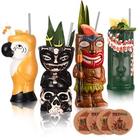 USEEKRIL Tiki Mugs for Cocktail Set of 4 - Ceramic Tiki Glasses with Straws and Coasters? Exotic Cocktail Glasses for Hawaiian Party,Tropical Drinkware for Mai Tai, Luaus, and Tiki Bars.
