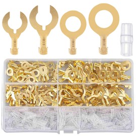 Mulberry Type Round Terminal Set 0.2 inch (6 mm) 0.3 inch (8 mm) Brass, Crimp Terminals, 400 Pieces with Insulated Sleeves, Ground Removal, Cable, Wire Connection, Terminal Connector, Car, Motorcycle, Speaker, 0.5-2sq