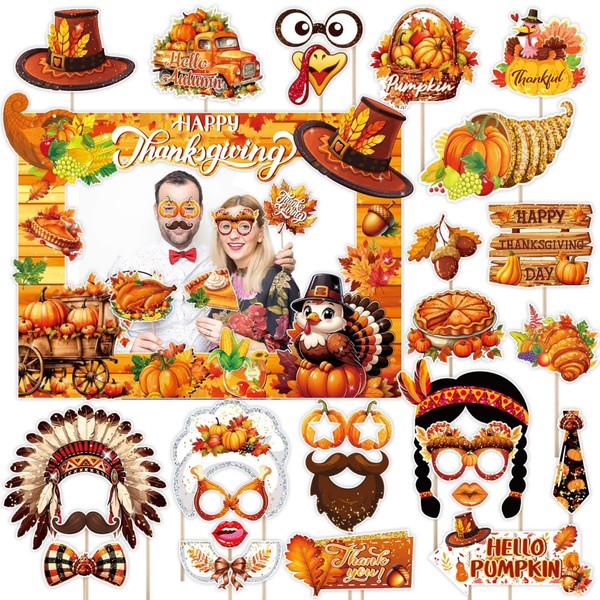 SINGOMON 30PCS Thanksgiving Photo Booth Props Kit Pumpkin Turkey Maple