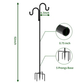 GARGENTOL Double Shepherds Hooks for Outdoor, Bird Feeder Pole with 5 Prongs Base, Heavy Duty Garden Hook for Lantern, Wind Chime and Hummingbird Feeder, 92 Inch, 2 Pack