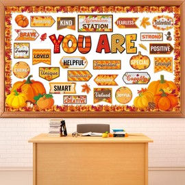 Fall Autumn Affirmation Station Bulletin Board Set Pumpkin Motivational Classroom Decorations Fall Leaves Mirror Growth Mindset Positive Affirmations Accents Cutout for School Office Teacher Wall