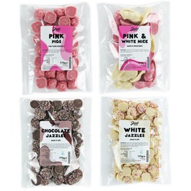Just Treats Sweet Quartet - Pink Choc Pigs, Pink & White Mice, Choc Jazzles & White Choc Jazzles (4 x 175g Bags) - 5,23,24,30