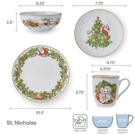 Fitz and Floyd St. Nicholas Gold Banded Holiday 16 Piece Dinnerware Set, Service for 4